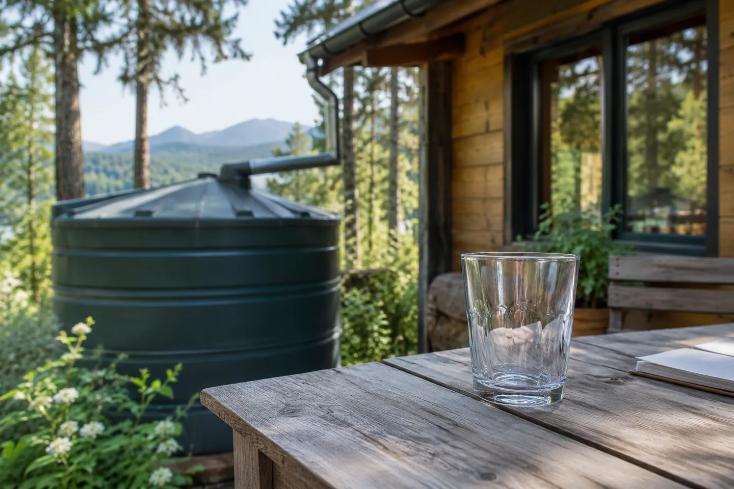 A covered rainwater collection tank and a clear empty drinking glass on a nearby table, conceptual contrast