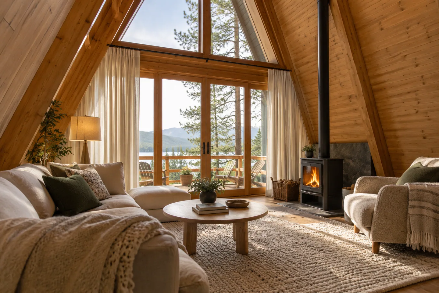 Tall A-frame living room softened by curtains, upholstered seating and a textured wool rug