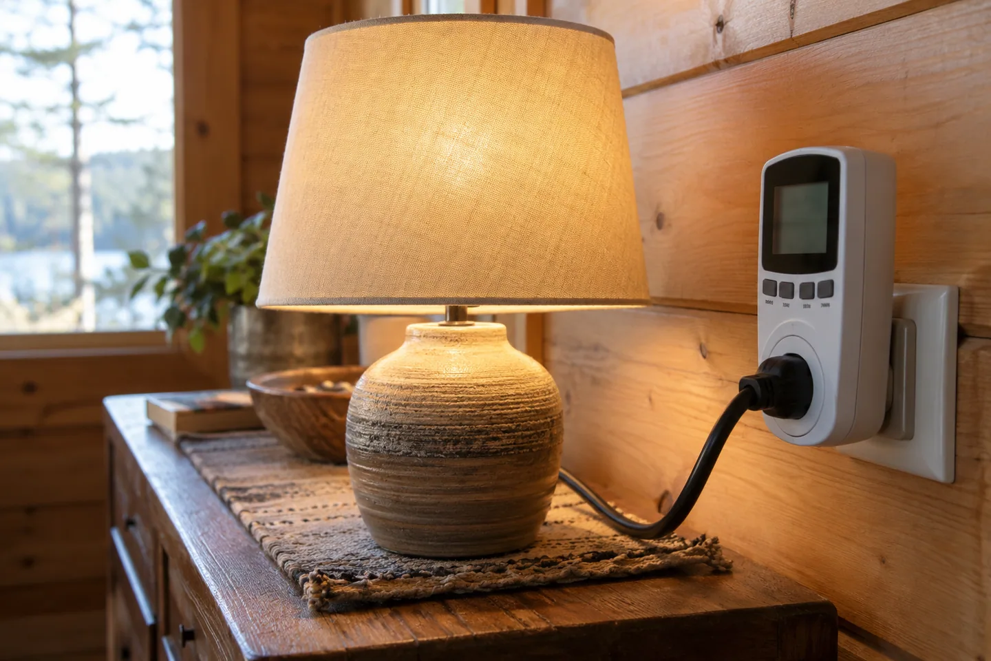 Close view of a domestic plug-in power meter beside a lamp, timber cabin background
