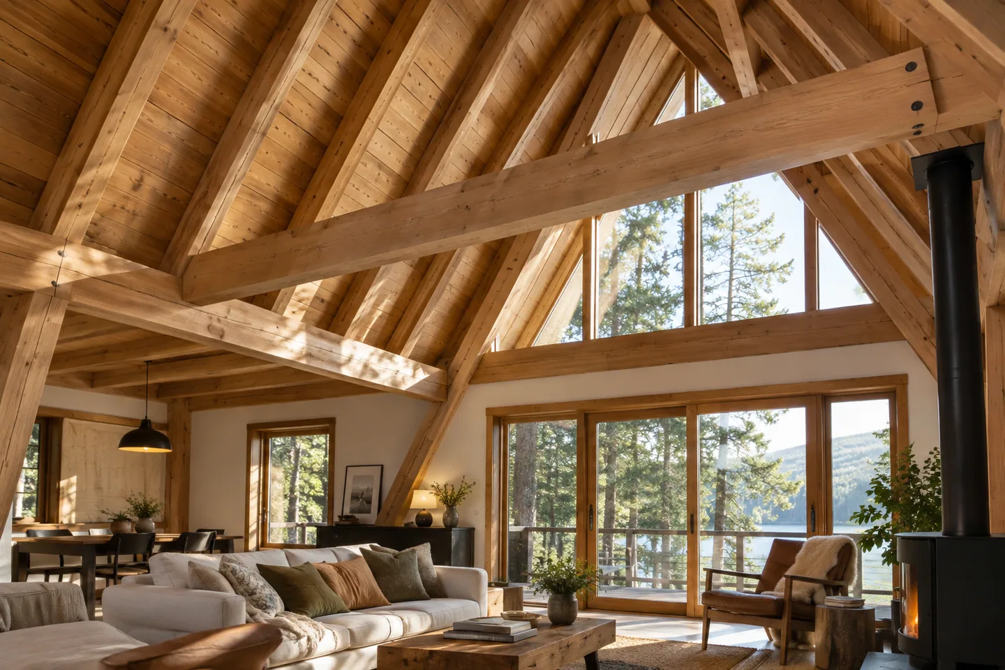 Beautiful exposed timber rafters above a finished warm cabin interior, oblique upward view