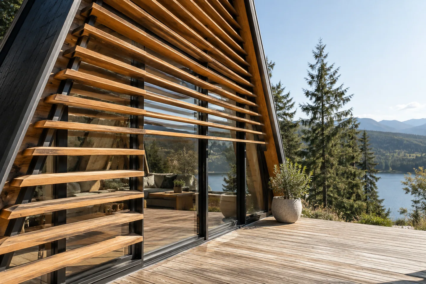 Timber external louvres casting angled shade across a cabin window in strong daylight