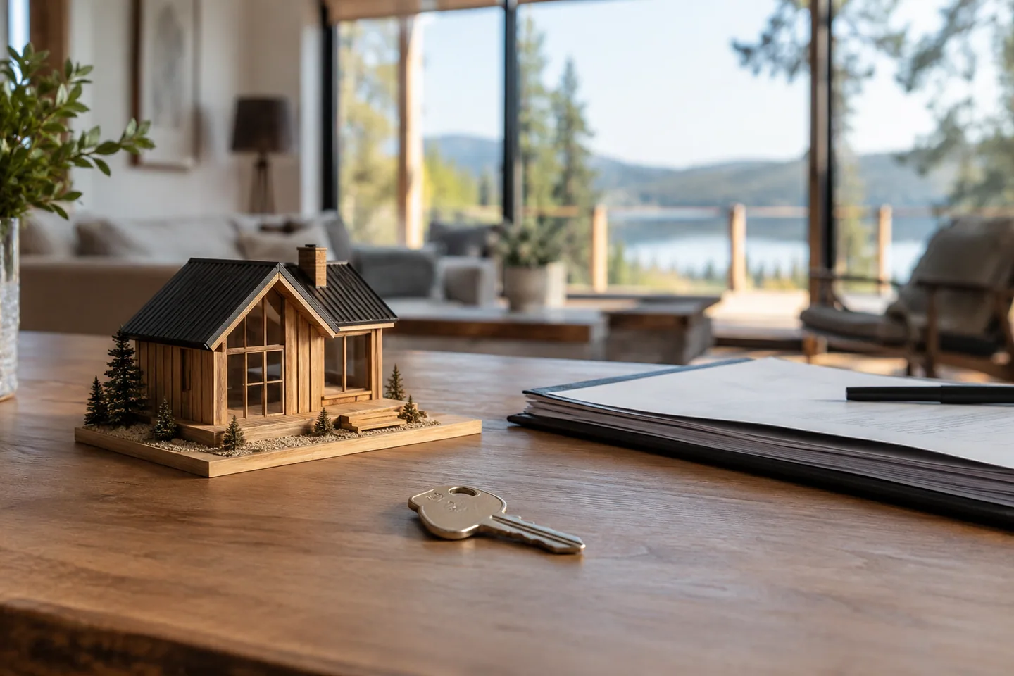A tabletop cabin model beside a plain house key and organized property folder