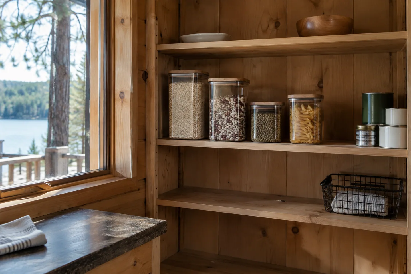 Sealed food containers and a mostly empty clean pantry shelf in an unattended cabin kitchen