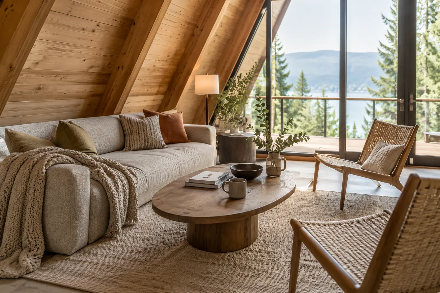 Low sofa, oval coffee table and two lightweight chairs arranged under A-frame rafters, eye-level diagonal view
