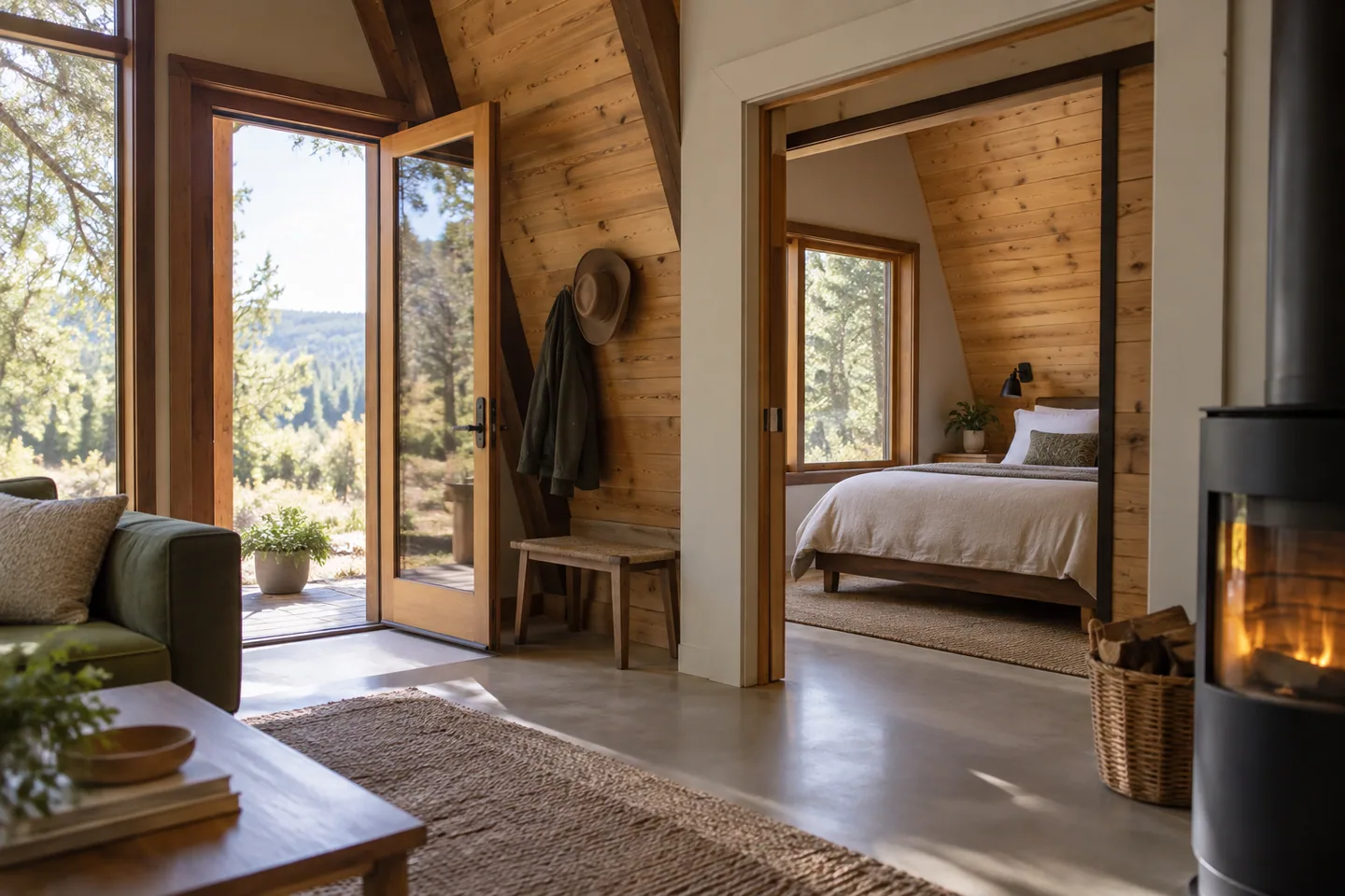 A bright ground-floor cabin bedroom with a full-height door and level access from the main room