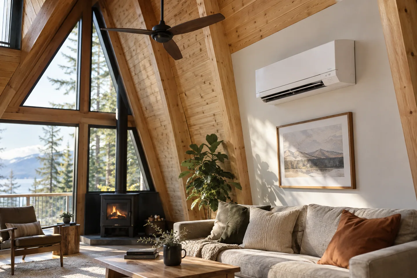 Compact white wall-mounted heat pump in a tall timber A-frame living room with a ceiling fan above