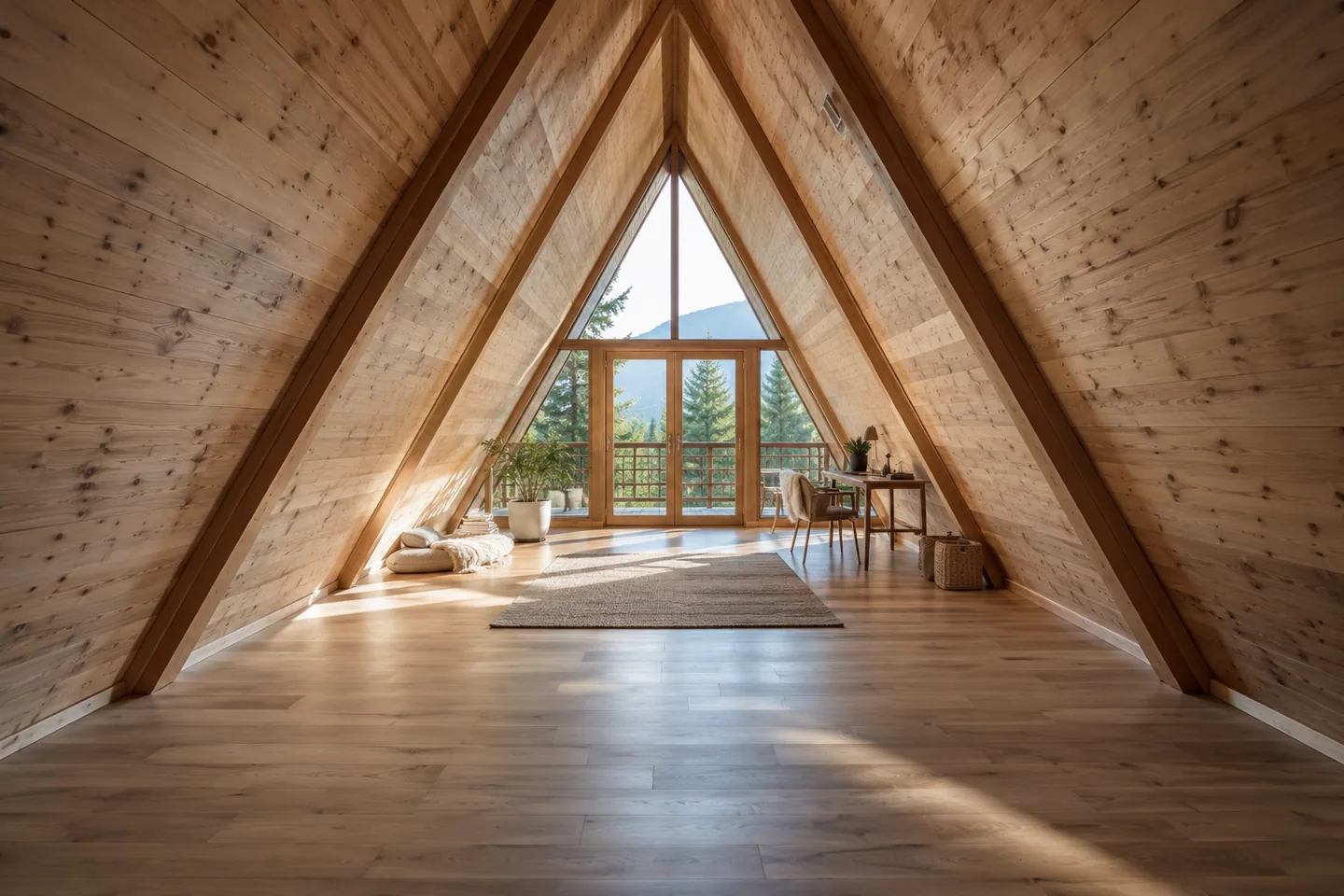 Wide empty A-frame interior showing generous central standing space and low sloping walls
