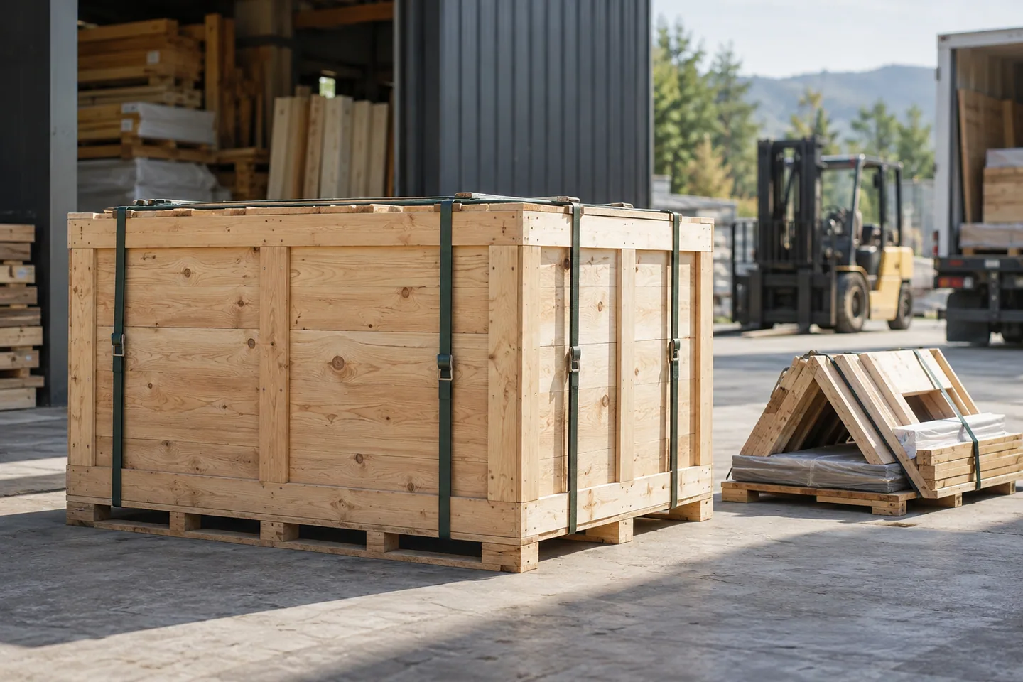 A sealed timber shipping crate and reusable straps in a delivery depot, small A-frame component bundle nearby
