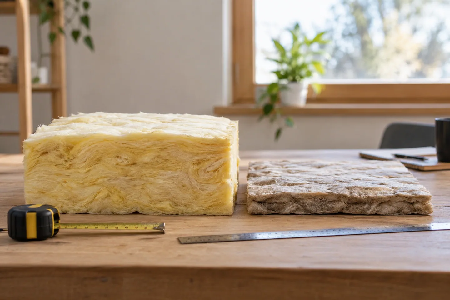 Two clearly different thicknesses of insulation sample on a neutral table beside plain measuring tools