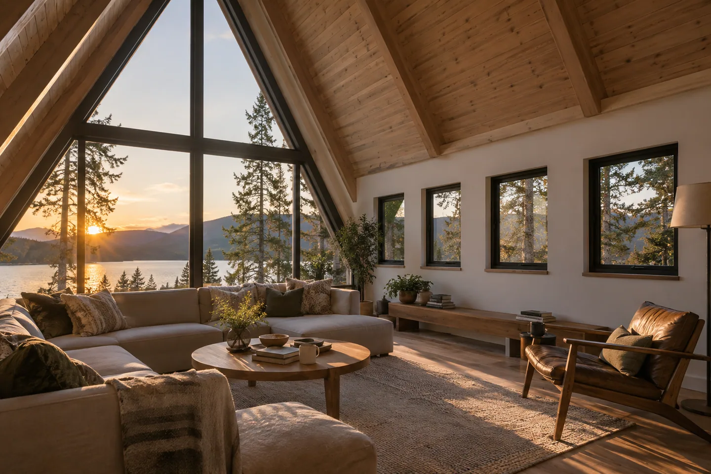Interior where a dramatic triangular end window contrasts with several small side windows, late afternoon