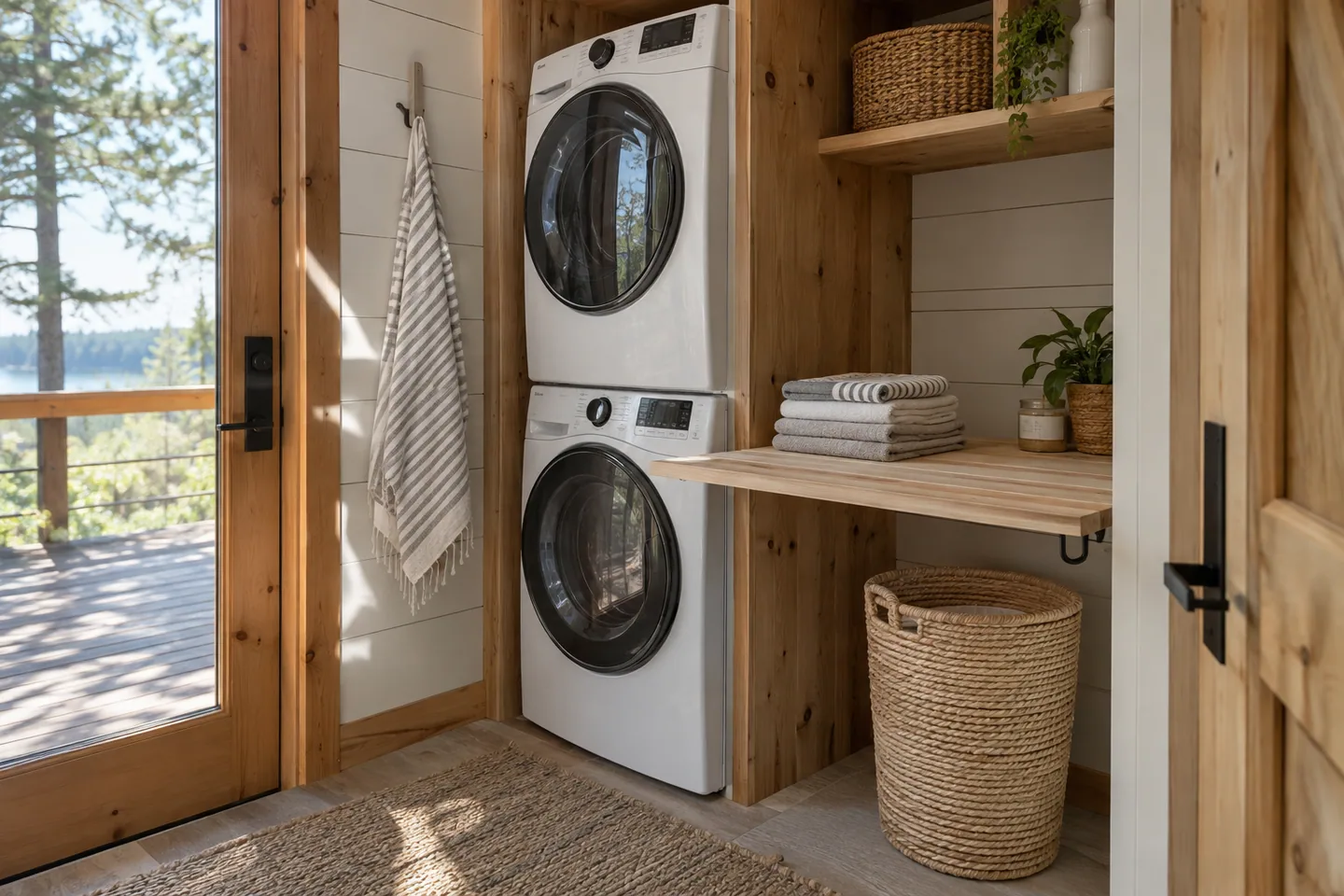 A stacked washer and dryer in a ventilated cabin laundry nook with a folding shelf