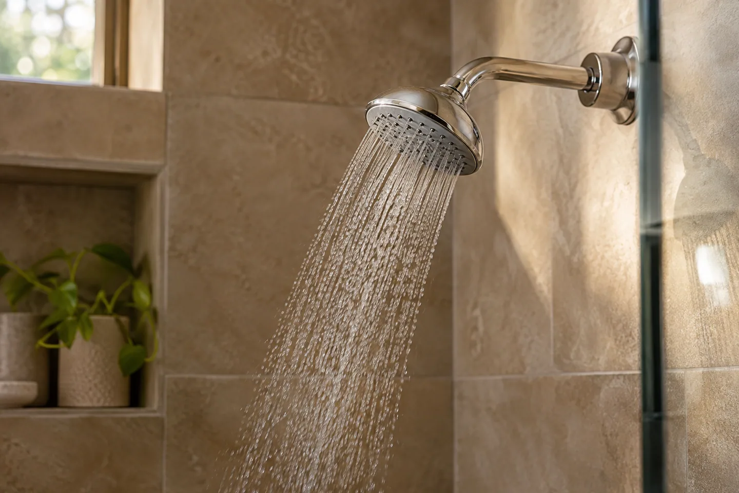 A simple water-saving showerhead above a warm tiled cabin shower, close side angle