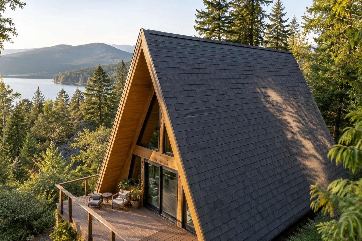 Oblique elevated view of an A-frame's two clean roof slopes