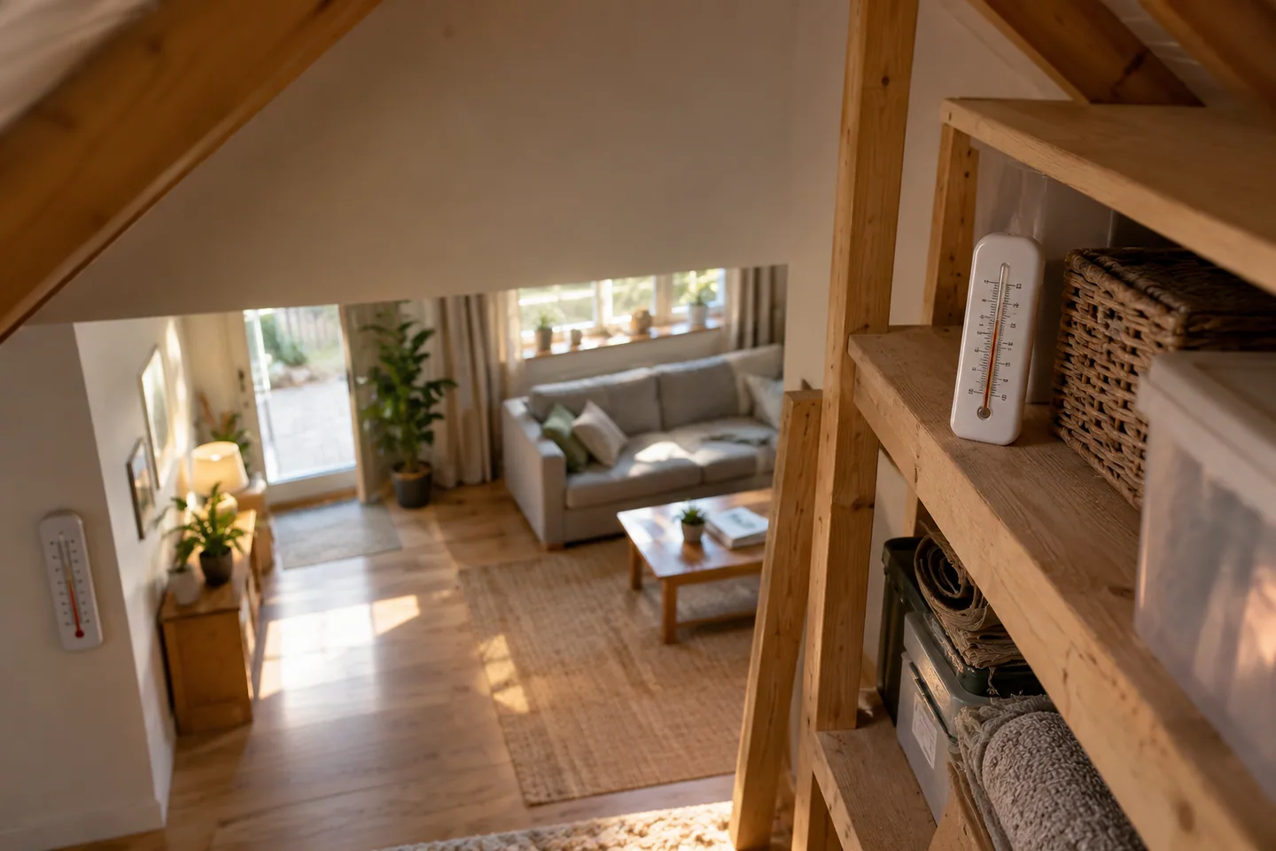 Two simple unbranded thermometers, one on a loft shelf and another visible downstairs, displays not readable