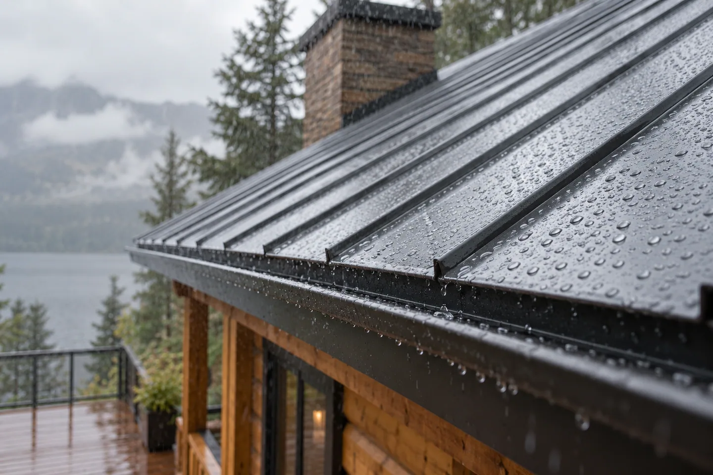 Rain beads and fine falling rain on a close-up section of dark metal cabin roofing