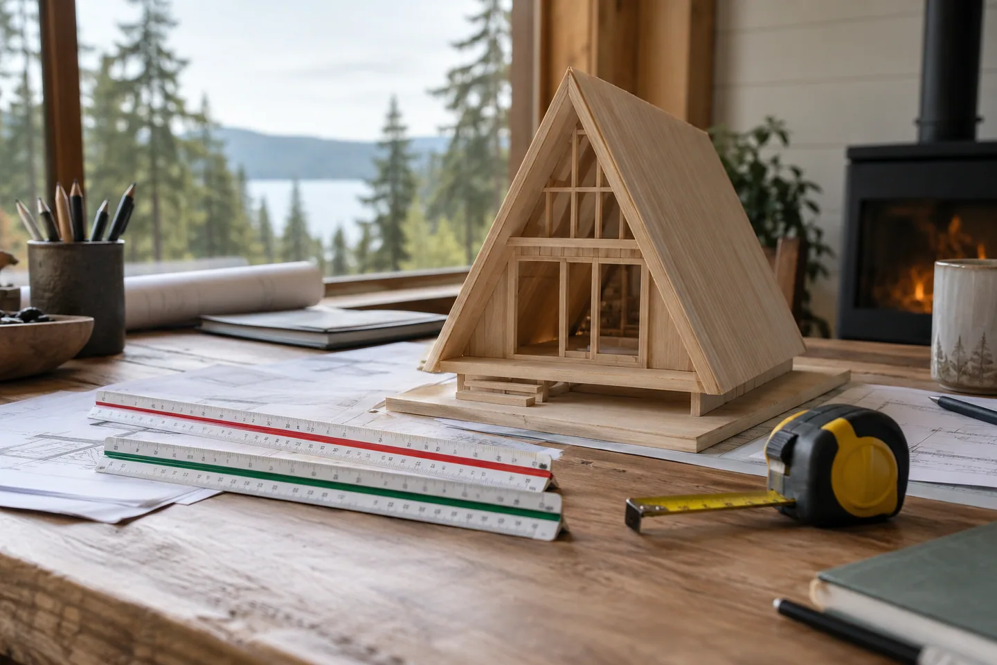 Two architect's rulers and a tape measure beside a simple A-frame model, scale markings too small to read