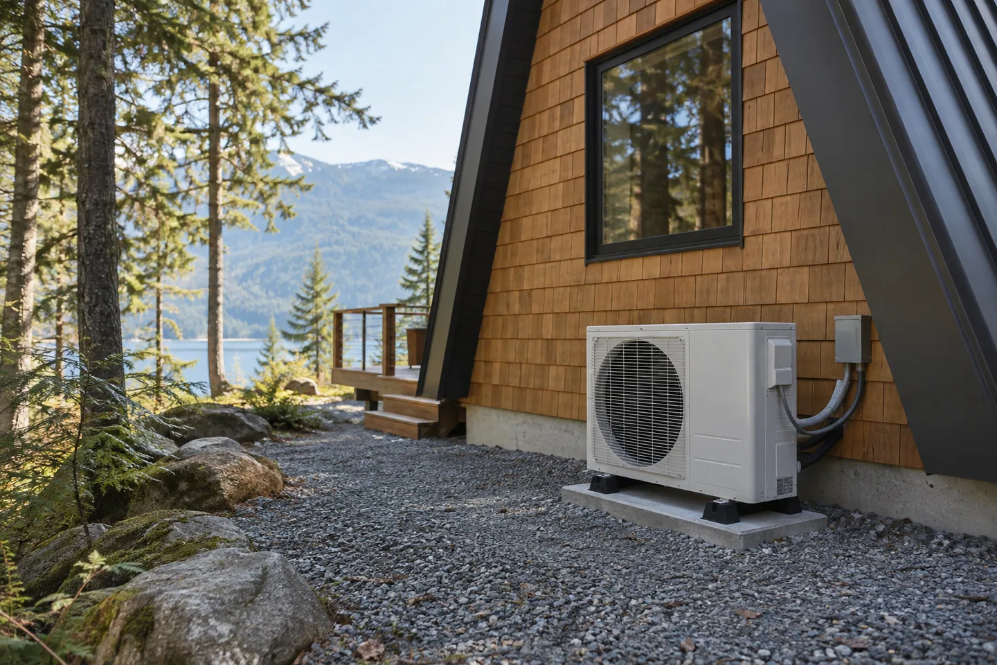 An outdoor heat pump unit on a stable base beside an A-frame with clear service space