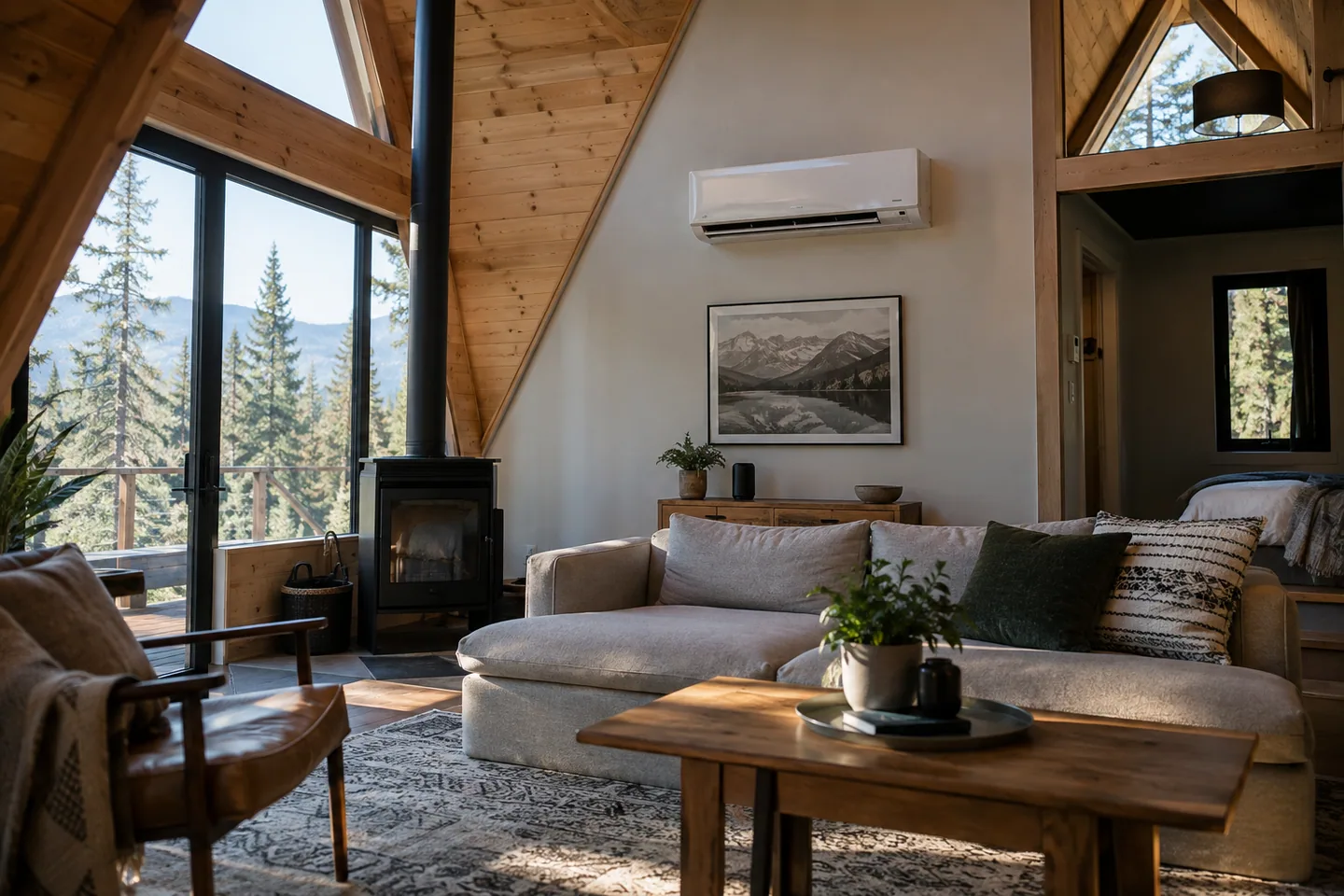 A compact wall-mounted heat pump above a cabin living area, vaulted space visible around it