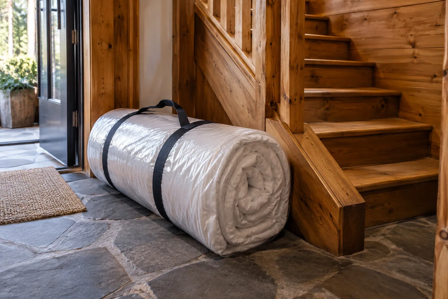 A rolled mattress in protective wrapping resting at the bottom of a narrow cabin staircase