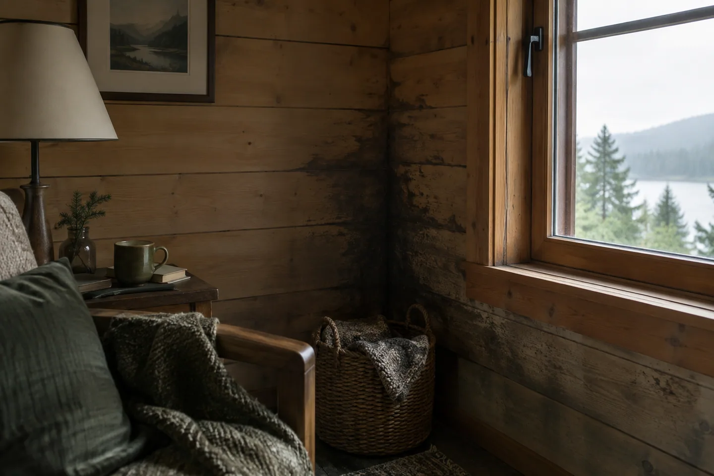 A dim cabin corner with slight moisture discoloration near a closed window