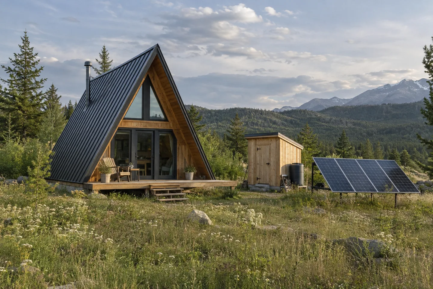 Simple cabin with a small separate ground-mounted solar array and a tidy utility shed in a meadow