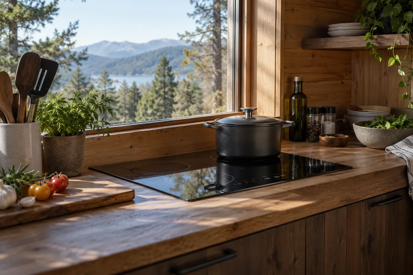 A compact cabin induction cooktop with one pot and practical open counter space
