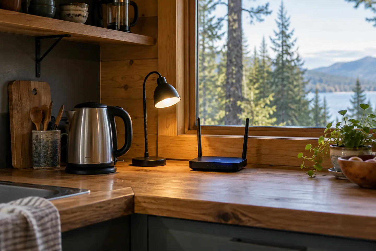Small cabin appliances arranged on a kitchen counter: kettle, reading lamp and compact router