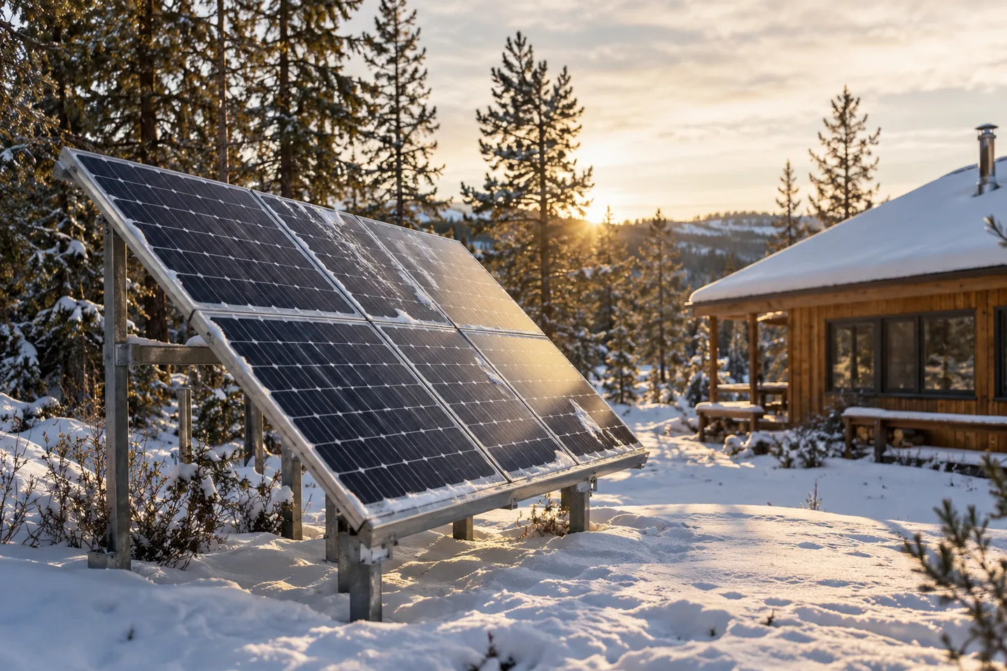 Ground-mounted solar panels at a snowy winter cabin site with low sun and partial surrounding shade