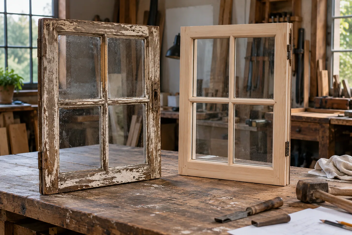 Weathered timber window frame beside a carefully restored matching sash on a workbench