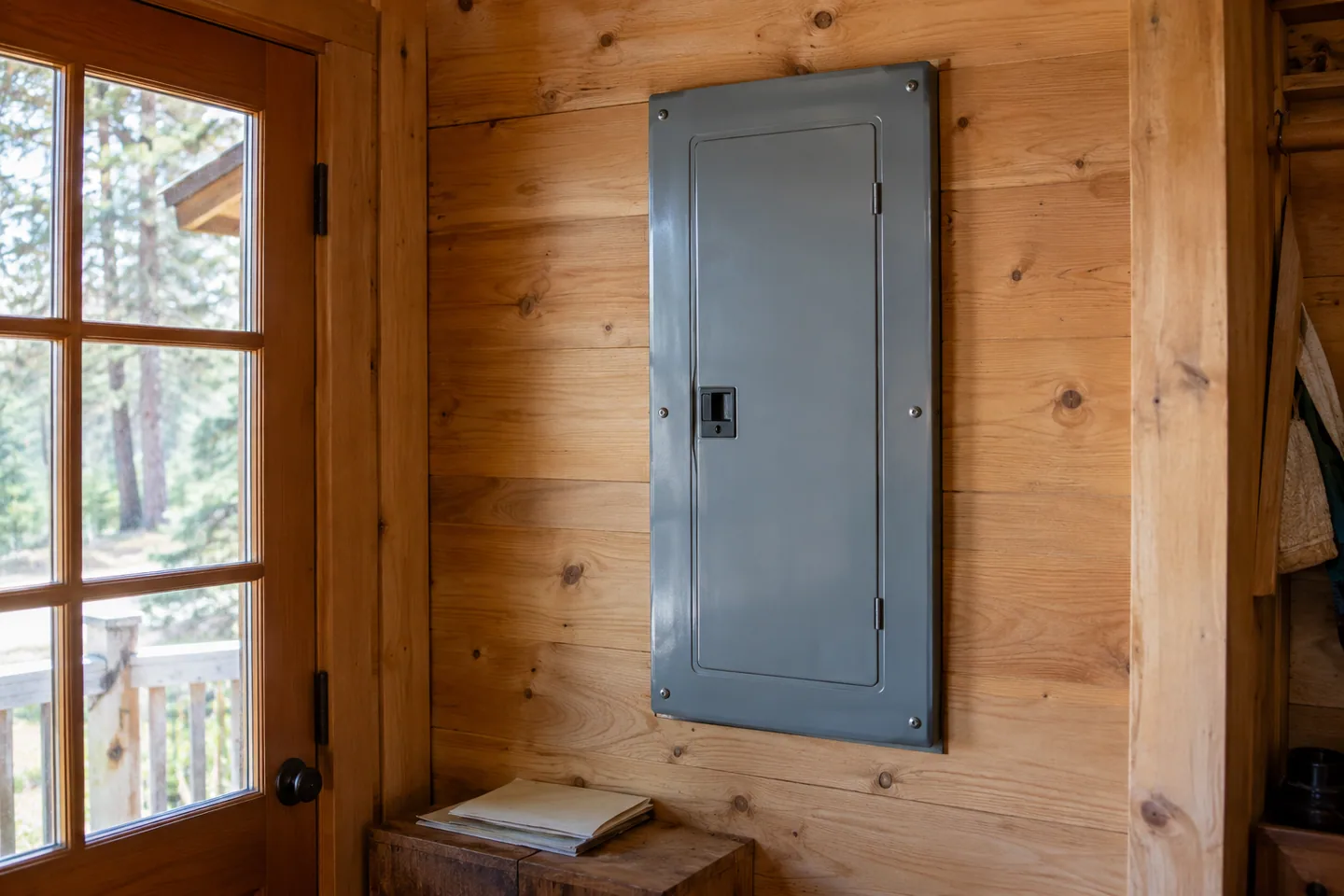A closed older electrical panel on a cabin utility wall, clear access
