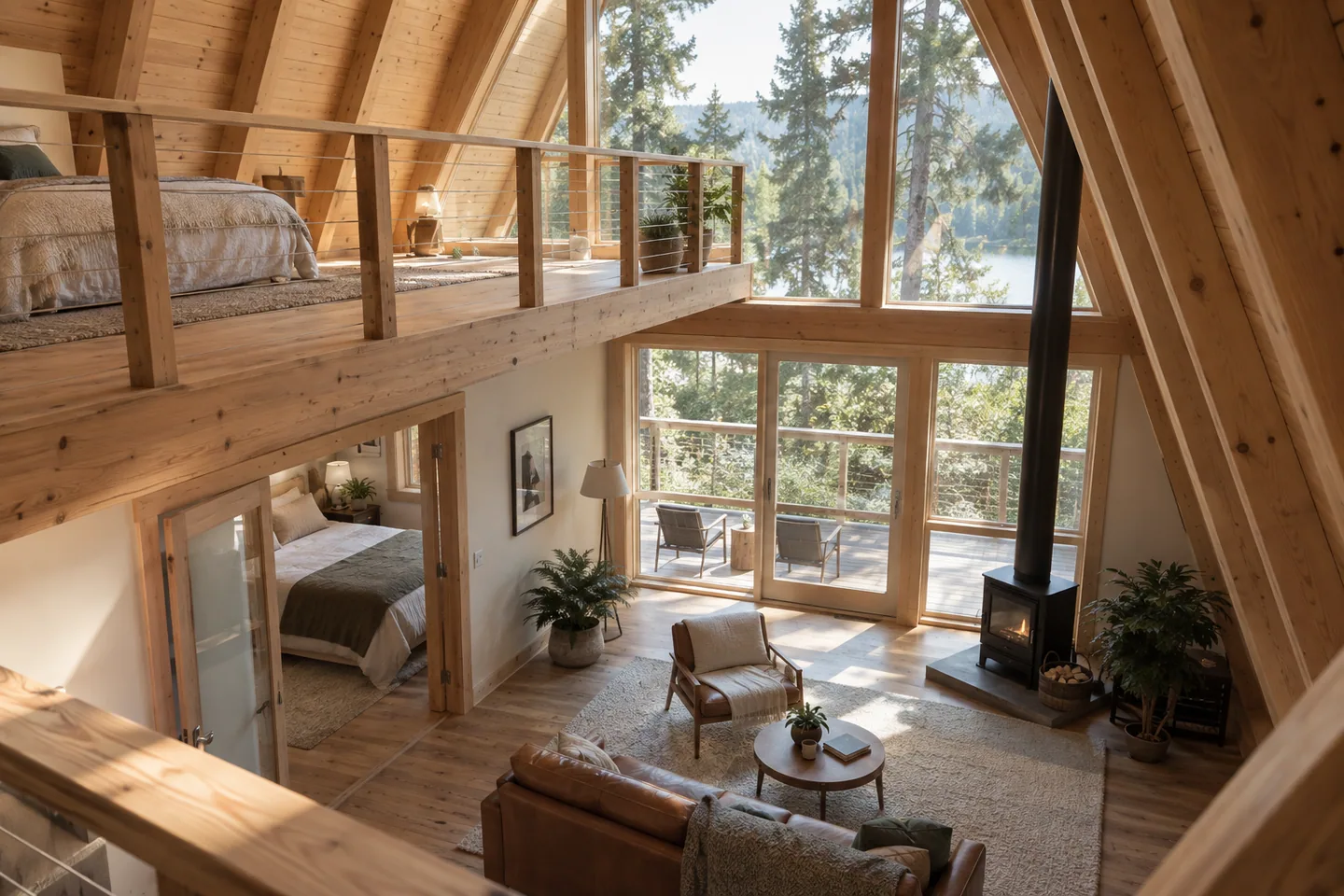 An open timber loft overlooking a quiet sitting room with a separately enclosed bedroom below