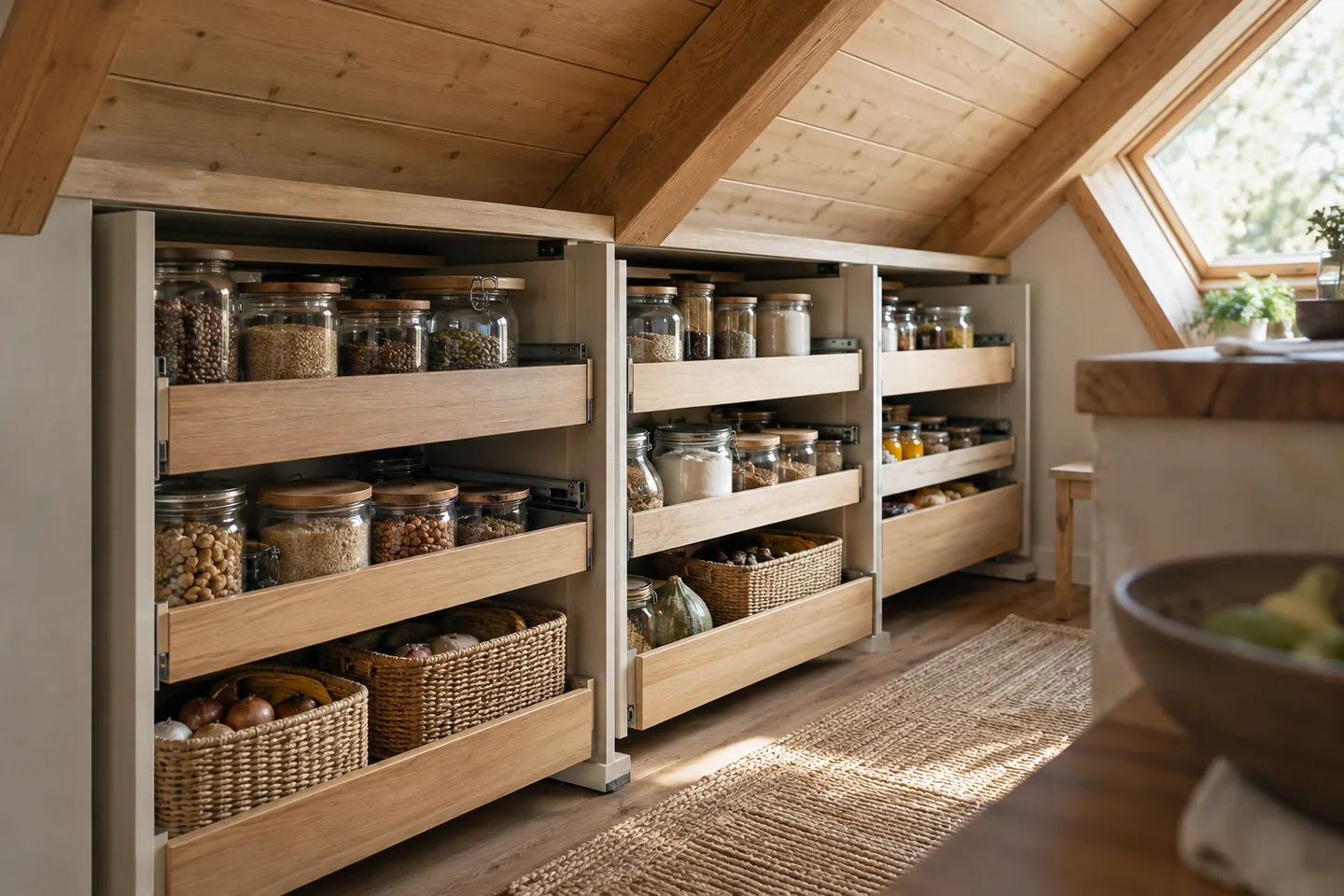 Pull-out pantry drawers under a low timber eave, orderly jars and baskets