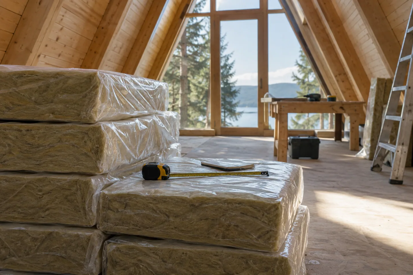 Stacked wrapped mineral-wool insulation batts and a tape measure in a clean dry cabin workshop