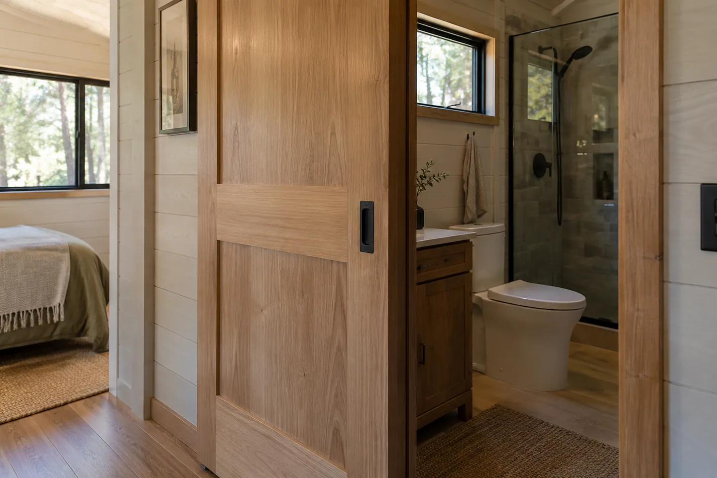 A partly open timber pocket door beside a compact cabin bathroom, realistic wall proportions