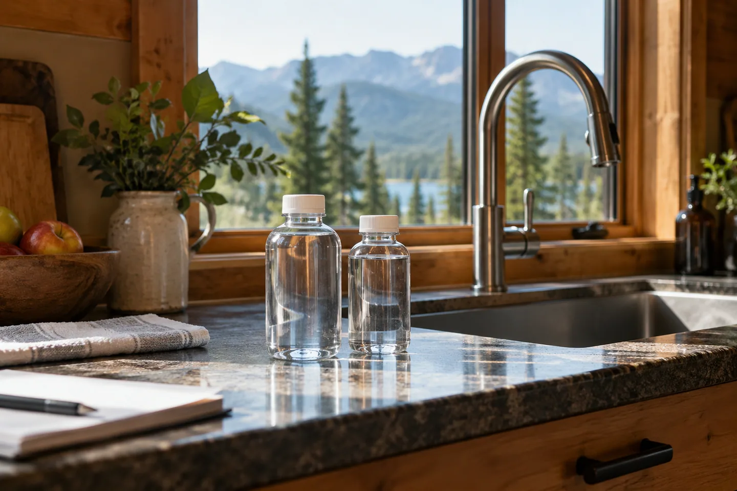 Clean capped water sample bottles on a cabin kitchen counter near a tap