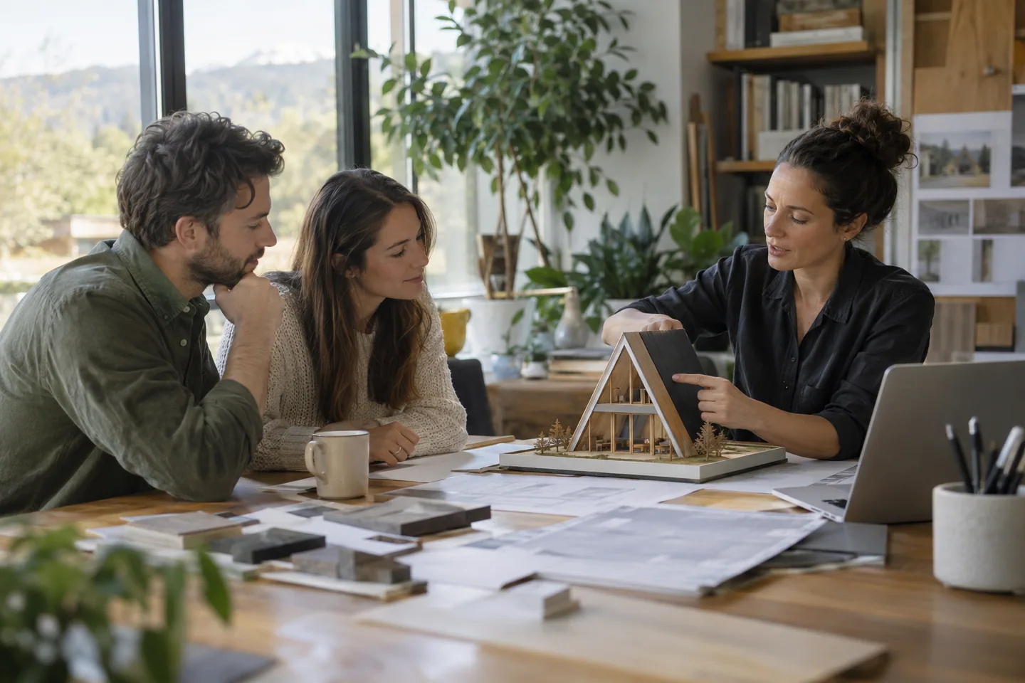A couple discussing a small A-frame physical model with an architect at a bright studio table