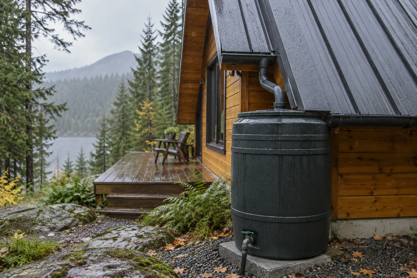 Cabin roof gutter feeding an enclosed rainwater barrel, detailed view in light drizzle