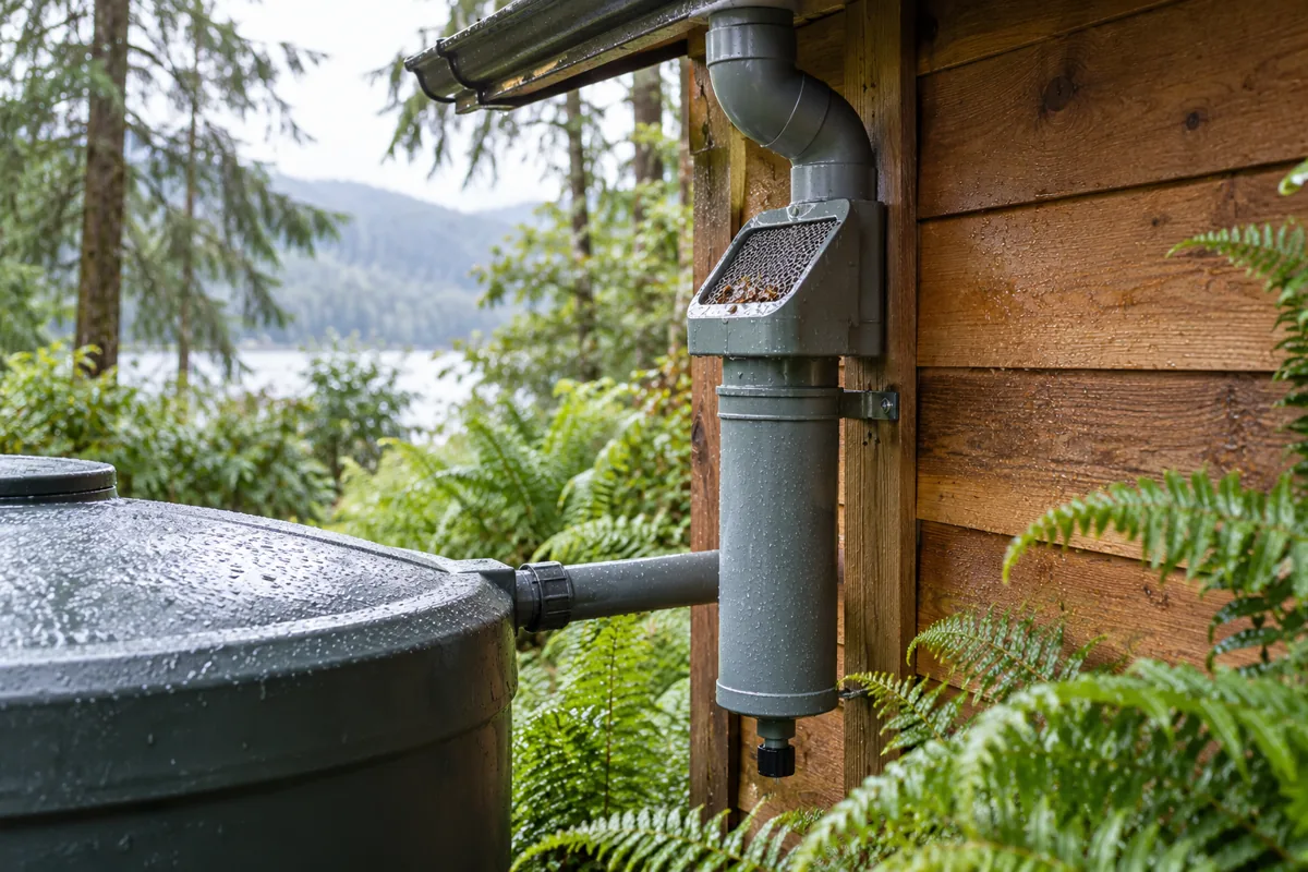 A screened downpipe and first-flush diverter beside a cabin rainwater tank.