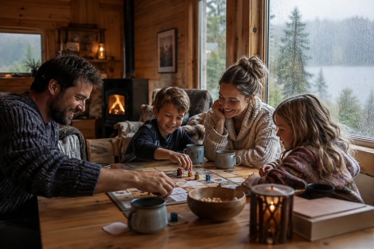 A family board-game table beside a rain-streaked cabin window, cozy candid indoor afternoon