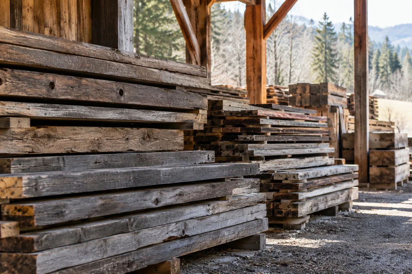 Stacks of weathered reclaimed boards sorted by thickness, visible old patina and careful storage