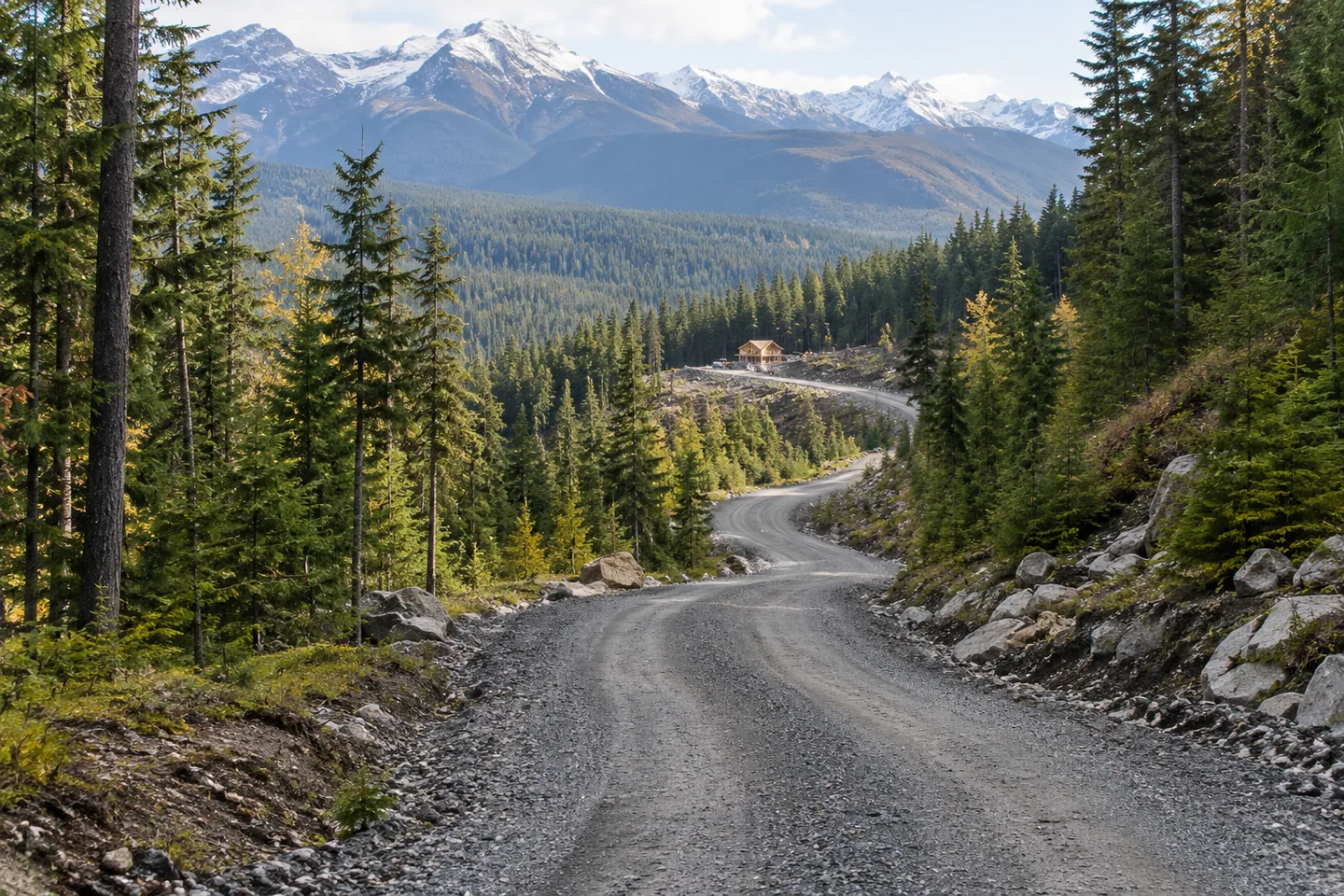 A long winding gravel access road through mountain woodland with a tiny building site far away