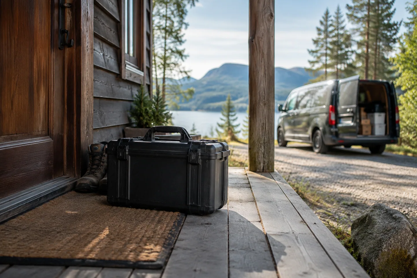 A service technician's closed tool case at the entrance of a remote cabin, parked van in background