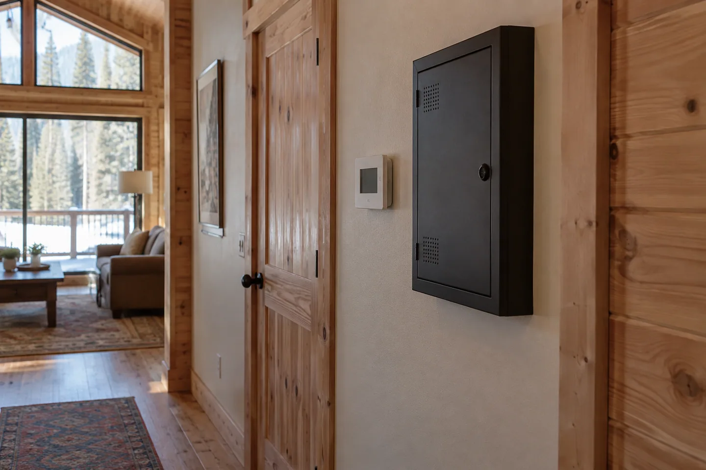 A simple wall thermostat beside a closed router cabinet in a cabin hallway