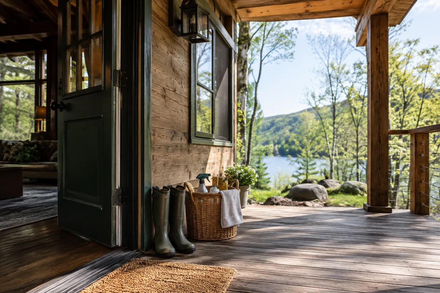 A cabin porch opening onto fresh spring greenery, boots and cleaning basket ready near the door