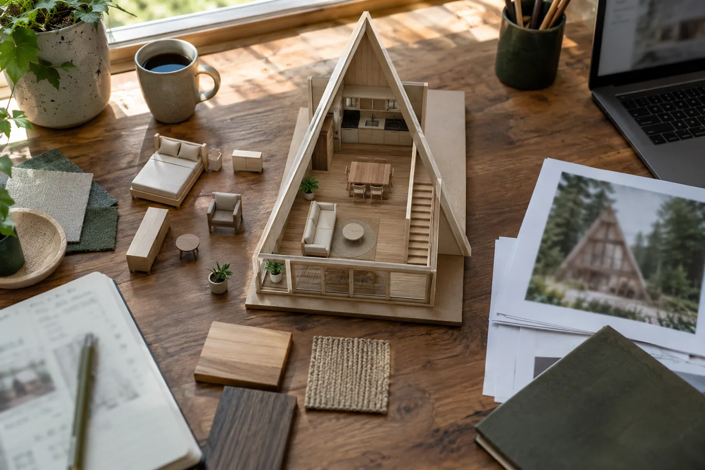 Overhead architect's desk with a plain cabin floor-plan model, miniature furniture pieces laid out separately