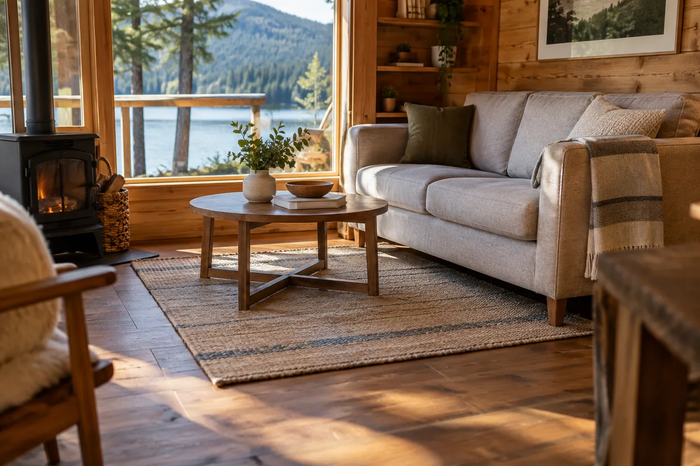A flat woven rug fitting beneath the front legs of a compact cabin sofa and table
