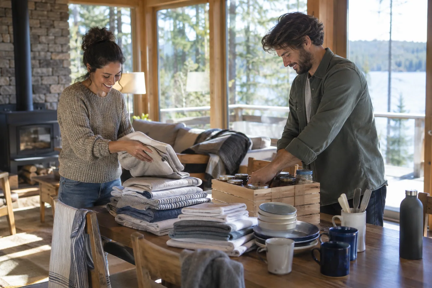 A pair of adults sorting clean linen and kitchen supplies in a shared cabin, calm candid scene