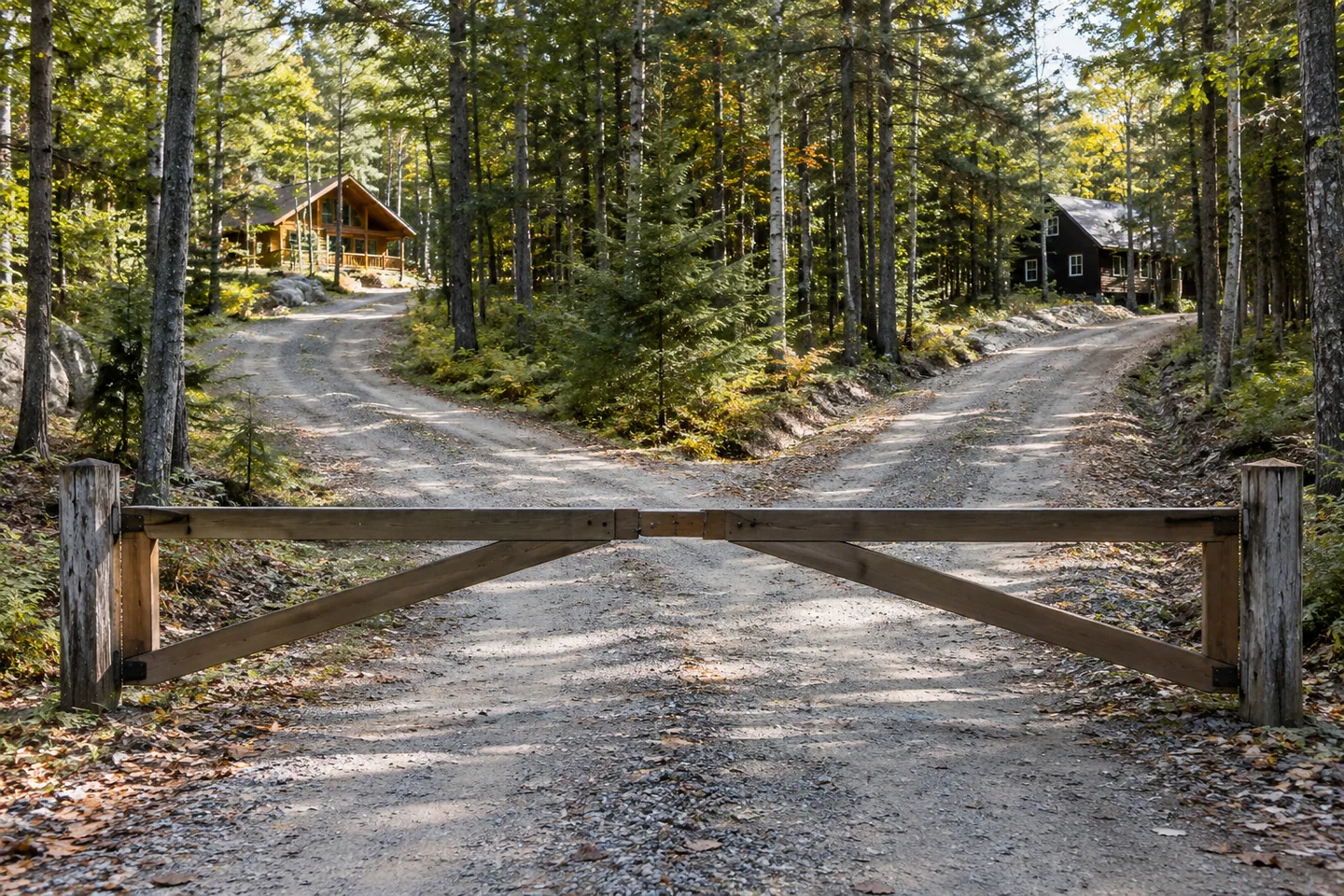 A fork in a private woodland access road serving two distant cabins, simple unlettered gate