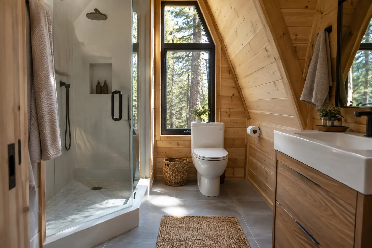 A compact timber bathroom with shower, small vanity and clear open floor between fixtures