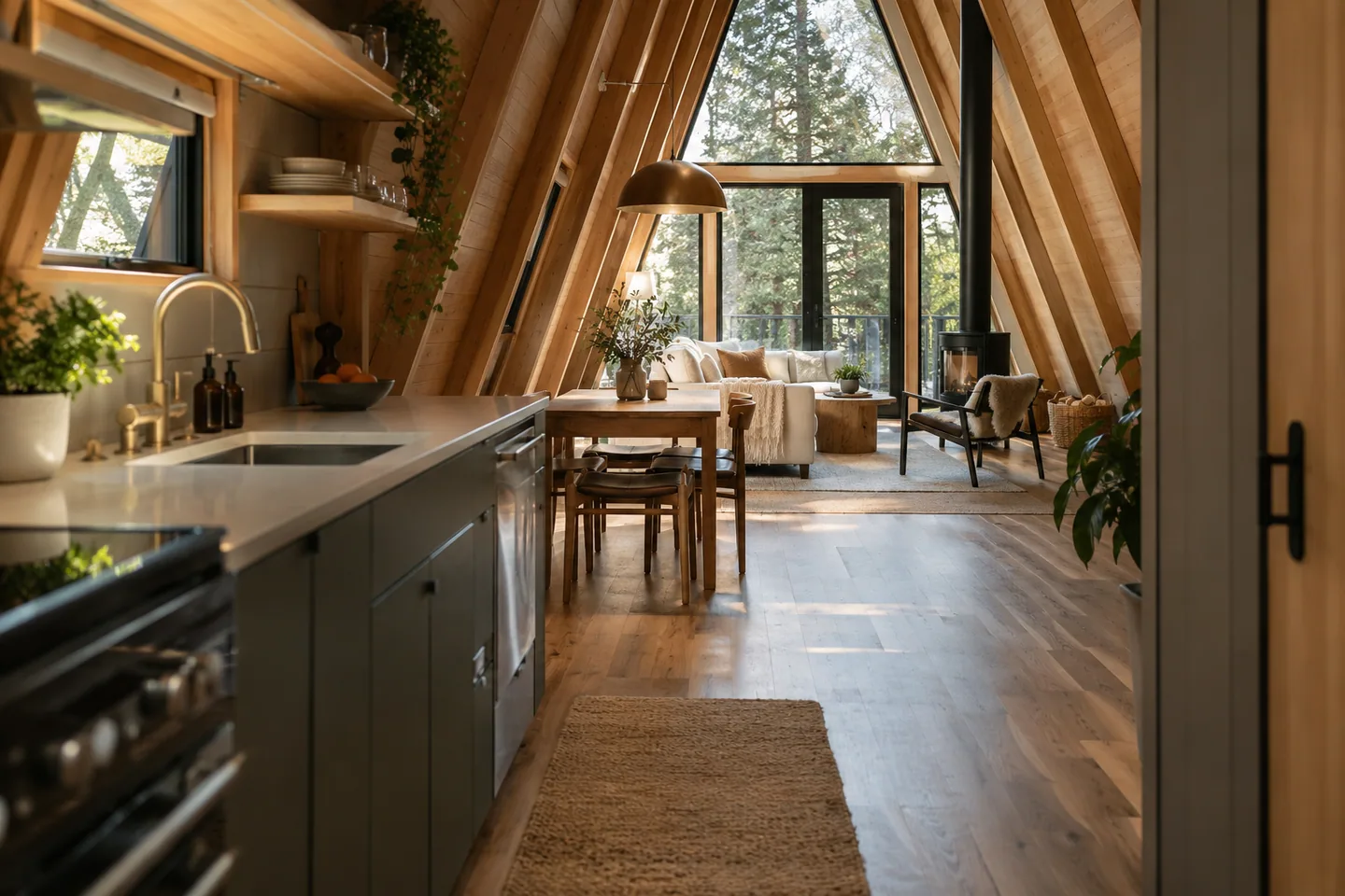 View down a small A-frame from entry to galley kitchen, dining zone and separate sitting space